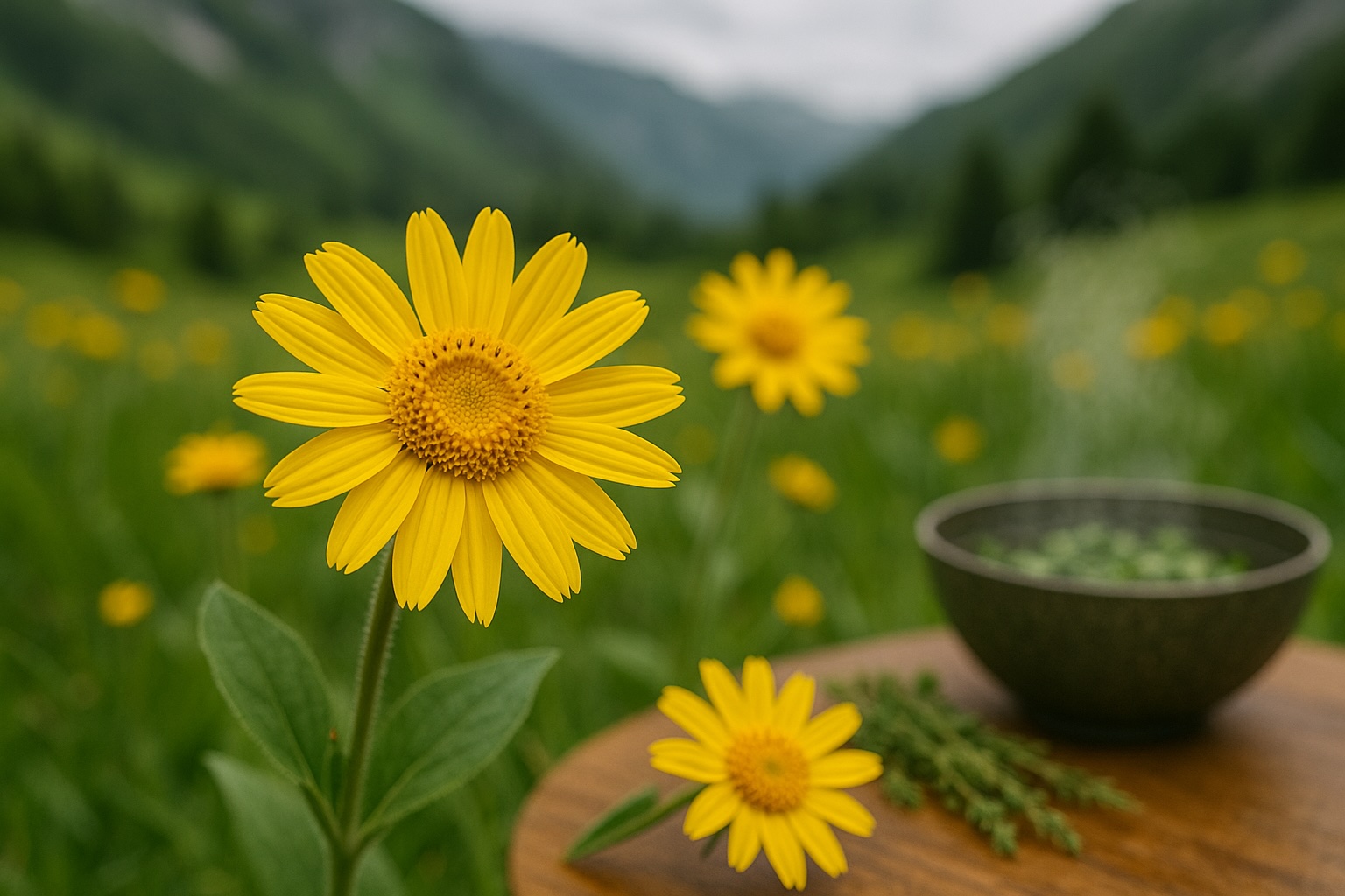 一朵鮮明亮麗的山金車（Arnica montana）在歐洲高山草原上綻放，黃澄澄的花瓣與細緻的花心清晰可見，背景為柔焦的山谷景緻與遍佈野花的綠色草地，右下角擺放著草本植物與一碗熱氣蒸騰的草藥湯，展現山金車從傳統民間療法走向現代自然療癒應用的植物魅力。