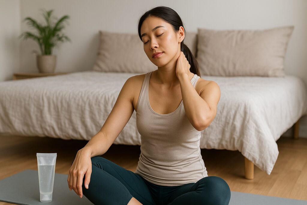 一位年輕的東亞女性正坐在鋪有瑜伽墊的臥室地板上，雙腿交叉，以放鬆的姿勢進行頸部自我按摩。她身旁放著一條透明包裝的舒緩啫喱，背景是柔和自然光線照射下的寧靜臥室環境，床鋪整齊，床邊擺有一盆綠色盆栽，營造出舒壓與靜謐的居家氛圍。