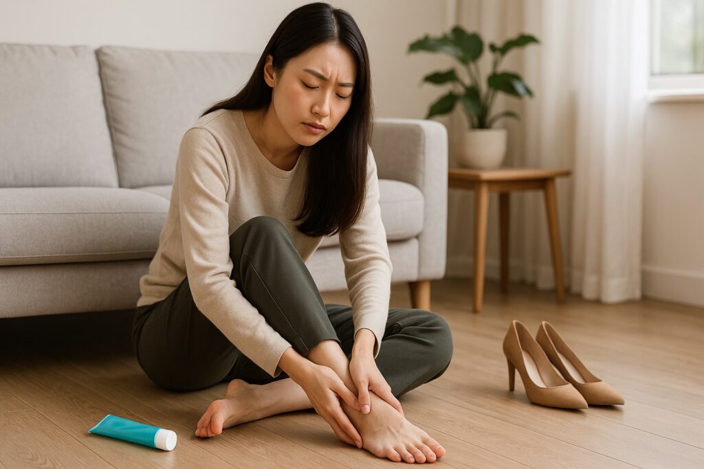 一位年輕的東亞女性坐在自家客廳的木質地板上，雙腳自然伸出，神情略顯疲憊地按摩右腳踝。她身穿米色長袖上衣與深綠色長褲，背景為現代簡約風格的淺灰色沙發、木質邊桌與綠色盆栽。旁邊地板上擺有一雙棕色高跟鞋與一條藍綠色舒緩凝膠，整體空間被窗外柔和日光照亮，展現出長時間站立後進行腿腳放鬆的溫馨居家場景。