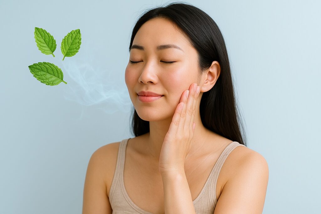 一位年輕東亞女性閉上雙眼、微笑觸摸臉頰，神情舒適，背景為淡藍色漸層。她的臉龐旁漂浮著數片新鮮薄荷葉與淡藍色霧氣，象徵清涼感。畫面呈現薄荷醇等成分透過刺激TRPM8受體所產生的冰涼感受，揭示不需實際降溫即可產生感官錯覺的科學現象。